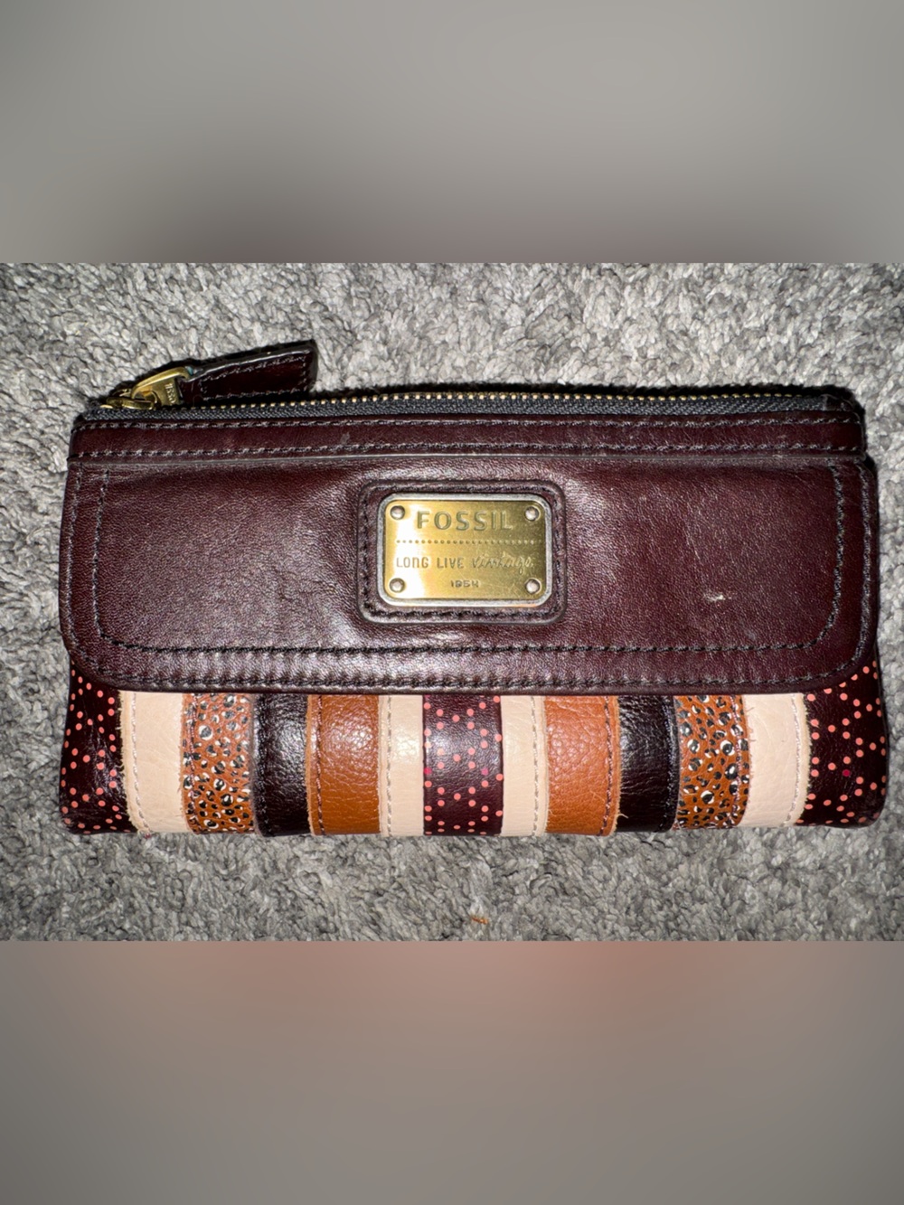 Fossil Brown, Tan & Cream Striped Leather Wallet